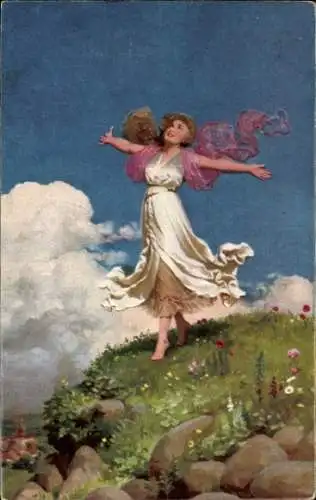 Ak Dame in Kleid, Wiese, Wind
