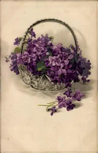 Ak Veilchen im Korb, Blumenkorb