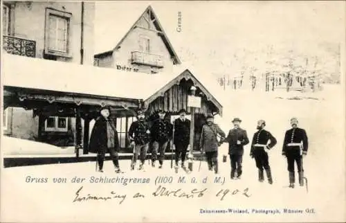 Ak Col de la Schlucht Vosges, Gruß von der Schluchtgrenze, Grenzbeamte, Winter