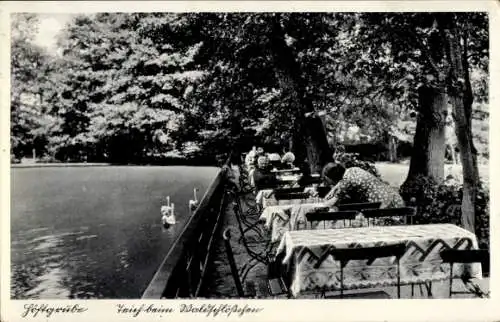 Ak Wingst in Niedersachsen, Waldschlösschen Dobrock, Terrasse, Gewässer, Schwäne