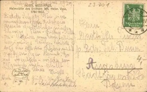 Künstler Ak Eutin in Ostholstein, Hotel Voss Haus, Heimstätte von J. Heinrich Voss