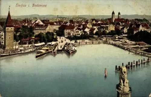 Ak Lindau am Bodensee, Panorama, Kirche, Turm, Dampfer