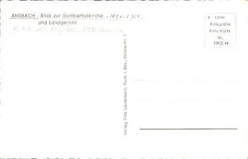 Ak Ansbach in Mittelfranken Bayern, Totalansicht, Gumbertuskirche, Landgericht