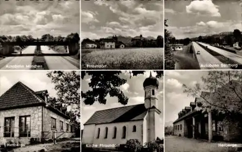 Ak Pfraundorf Raubling in Oberbayern, Autobahn München Salzburg, Kirche, Jugendherberge