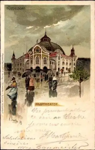 Künstler Litho Grothe, J., Düsseldorf am Rhein, Apollotheater, Straßenpartie im Regen, Passanten