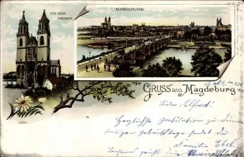 Litho Magdeburg an der Elbe, Dom, Blick auf den Ort