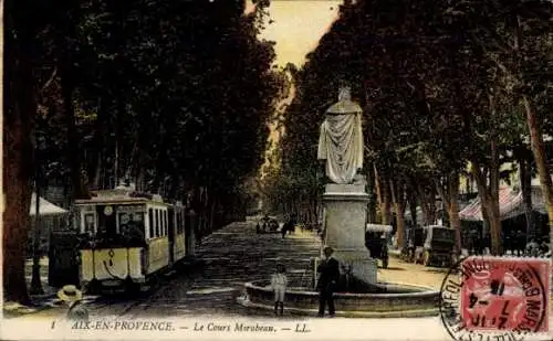 Ak Aix en Provence Bouches du Rhône, Le Cours Mirabeau, Brunnen, Straßenbahn