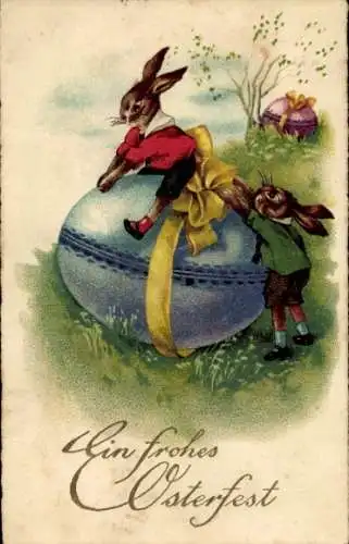 Ak Glückwunsch Ostern, Osterhasen, Osterei mit Schleife