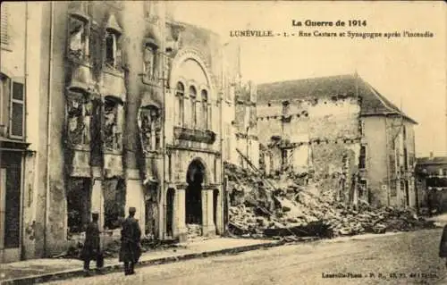 Judaika Ak Lunéville Lothringen Meurthe et Moselle, Rue Castara und Synagoge nach dem Brand