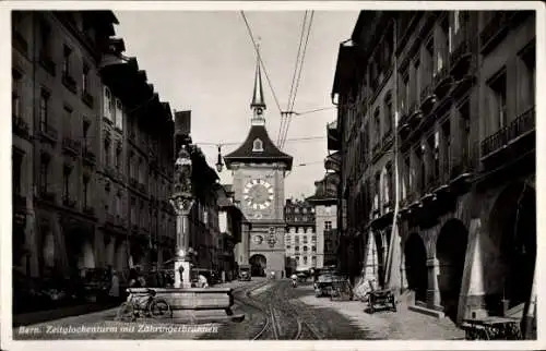 Ak Bern Stadt Schweiz, Zeitglockenturm mit Zähringerbrunnen, Fahrrad