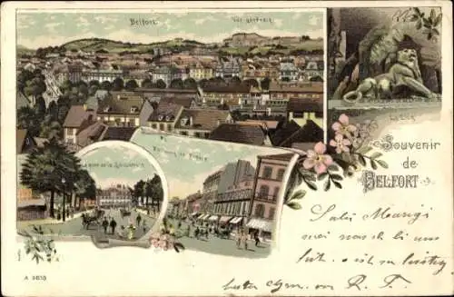 Litho Belfort Beffert Beffort Territoire de Belfort, Gesamtansicht, Löwendenkmal, Straßenpartie