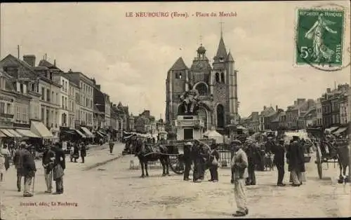 Ak Le Neubourg Eure, Place du Marché, charrette, statue