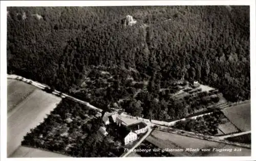 Ak Langenstein Halberstadt im Harz, Thekenberge, Gläserner Mönch, Fliegeraufnahme