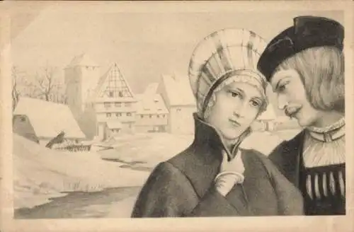 Litho Liebespaar, Porträt, Schnee, Winter, Häuser