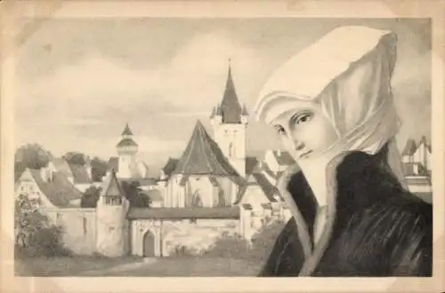 Litho Frau in historischer Kleidung, Portrait