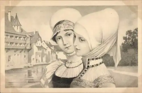 Litho Zwei Frauen in historischer Kleidung, Portrait