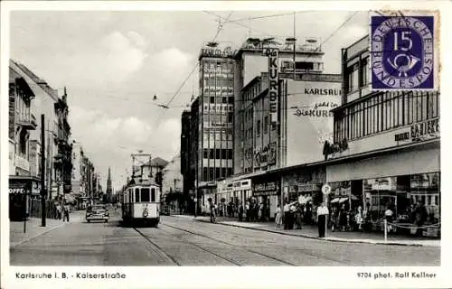 Ak Karlsruhe in Baden, Kaiserstraße, Tram, Foto Rolf Kellner