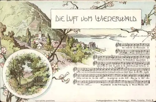 Lied Litho Die Luft von Wienerwald, Hügel, Häuser, Fluss