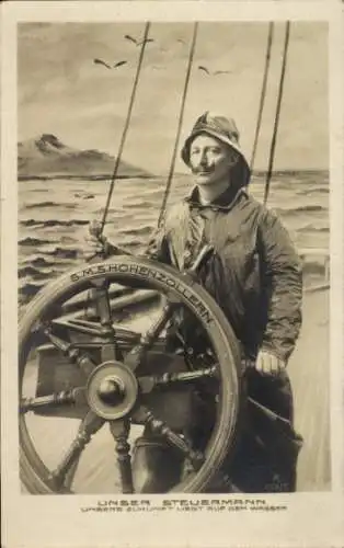 Ak Kaiser Wilhelm II. als Steuermann, SMS Hohenzollern