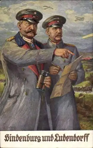 Künstler Ak Generalfeldmarschall Paul von Hindenburg, General Erich Friedrich Wilhelm Ludendorff