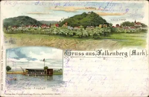 Litho Falkenberg in der Mark, Victoria Institut, Karlsburg, Badeanstalt