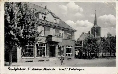 Ak Assel Drochtersen Niedersachsen, Geschäftshaus Fr. Kruse, Kirche