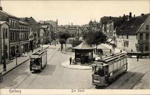 Ak Hamburg Harburg, Der Sand, Straßenbahnen, Bäckerei