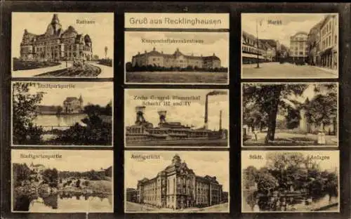 Ak Recklinghausen, Zeche General Blumenthal, Amtsgericht, Knappschaftskrankenhaus, Rathaus, Markt