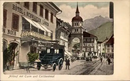 Ak Altdorf Kt Uri, Hotel zum schwarzen Löwen, Kutsche, Telldenkmal