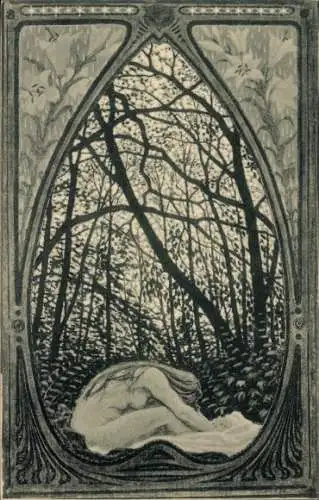 Künstler Ak Fidus, Dämmerwellen, Schlafende Frau, Wald