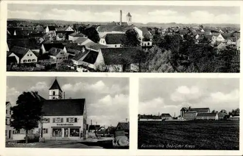 Ak Manching in Oberbayern, Panorama vom Ort, Kirchenkramer, Kunstmühle Gebrüder Kraus