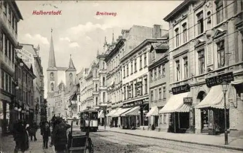 Ak Halberstadt am Harz, Breiteweg, Straßenbahn, Geschäft Paul Grimm