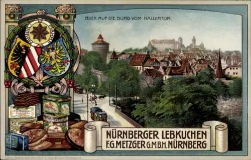 Wappen Ak Nürnberg in Mittelfranken Bayern, Burg vom Hallertor aus, F. G. Metzger Lebkuchen Werbung