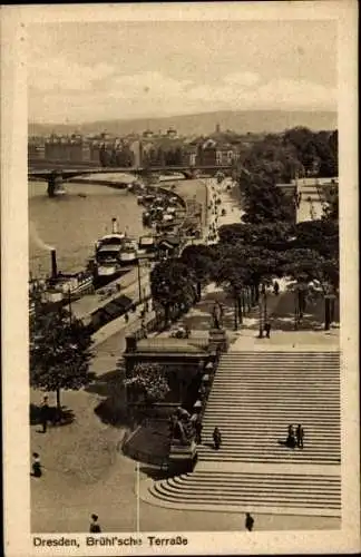 Ak Dresden Altstadt, Brühl'sche Terrasse, Panorama, Schiffe, Brücke