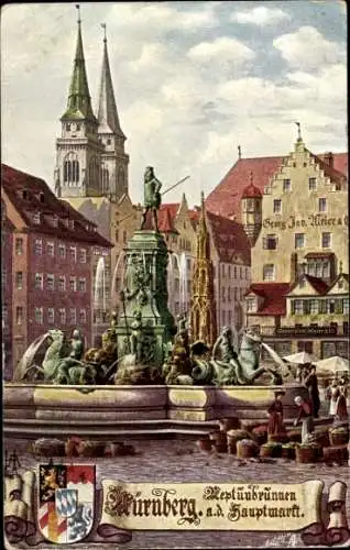 Künstler Ak Nürnberg in Mittelfranken Bayern, Neptunbrunnen auf dem Hauptmarkt, Wappen