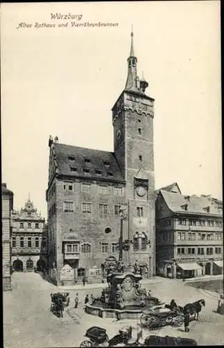 Ak Würzburg am Main Unterfranken, Altes Rathaus, Vierröhrenbrunnen