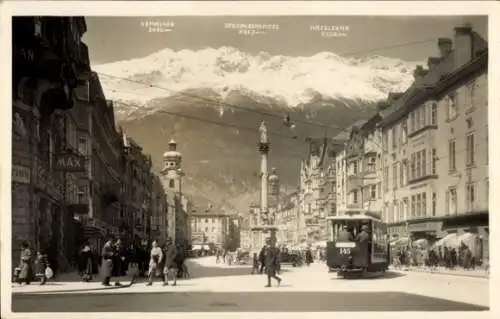 Ak Innsbruck in Tirol, Maria Theresienstraße, Straßenbahn Wagen 145, Seegrubenspitze, Kemacher