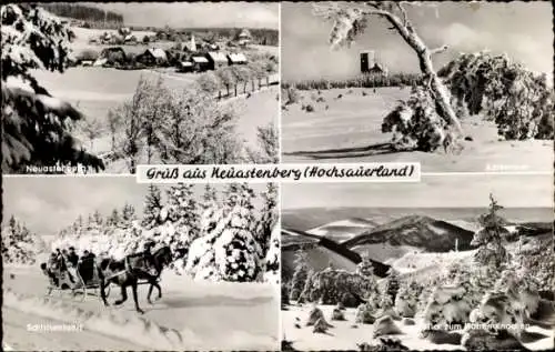 Ak Neuastenberg Winterberg im Sauerland, Schlittenfahrt, Hoher Knochen, Astenturm, Winter