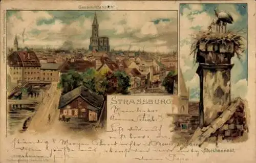 Künstler Litho Münch, C., Strasbourg Straßburg Elsass Bas Rhin, Gesamtansicht, Storchennest