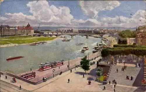 Ak Dresden Altstadt, Ministerien, Elbeblick, Brühl'sche Terrasse, Straßenbahn