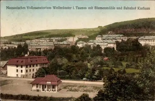 Ak Weilmünster im Taunus Hessen, Nassauisches Volkssanatorium, Blumenmühle, Bahnhof Kurhaus