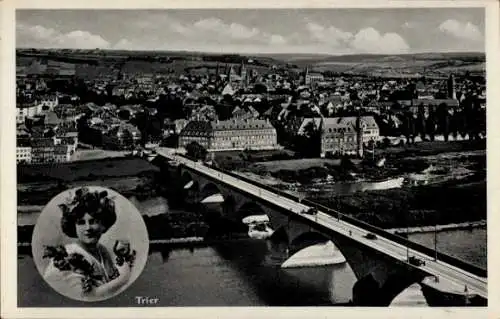 Ak Trier an der Mosel, Teilansicht, Brücke, Porträt Frau, Weinglas