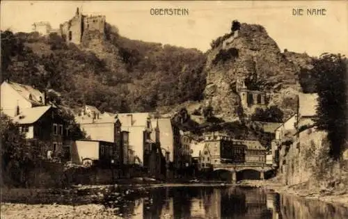 Ak Idar Oberstein an der Nahe, Wasserpartie an der Nahe, Teilansicht der Ortschaft