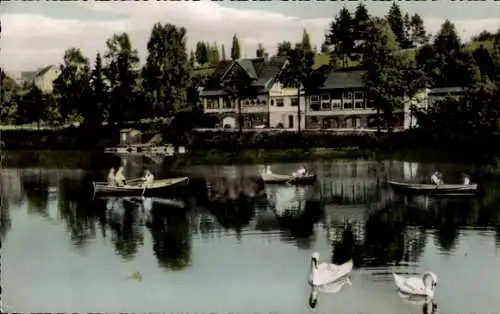 Ak Much im Rheinland, Gasthaus Herrenteich, Inh. Gerhard Schwamborn, Ruderboot, Schwäne