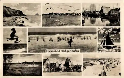 Ak Ostseebad Heiligenhafen in Holstein, Steilküste, Wellen, Möwen, Segelboot, Strand