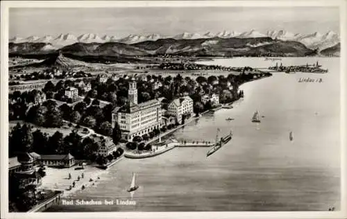 Ak Bad Schachen Lindau am Bodensee Schwaben, Panorama, Segelboote, Alpen