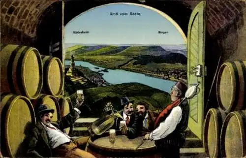 Ak Rüdesheim am Rhein in Hessen, Wein, Fässer, Ort, Bingen, Betrunkene