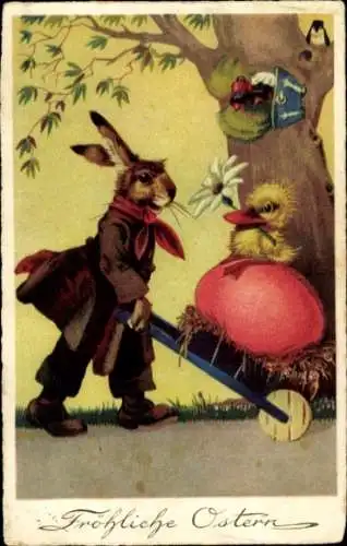 Ak Glückwunsch Ostern, Osterhase, Schubkarre, Osterei, Entenküken