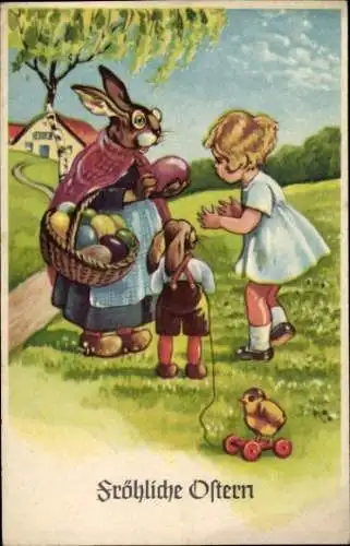 Ak Glückwunsch Ostern, Osterhase verkauft Ostereier, Mädchen, Spielzeug