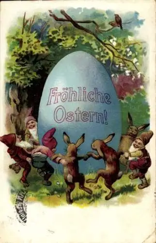 Ak Glückwunsch Ostern, Osterhasen und Zwerge tanzen um ein Ei herum